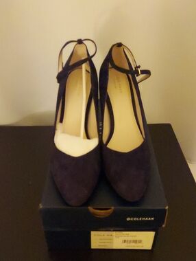 Cole Haan Size 10 Navy Suede Pointed Toe Ankle Strap Heels